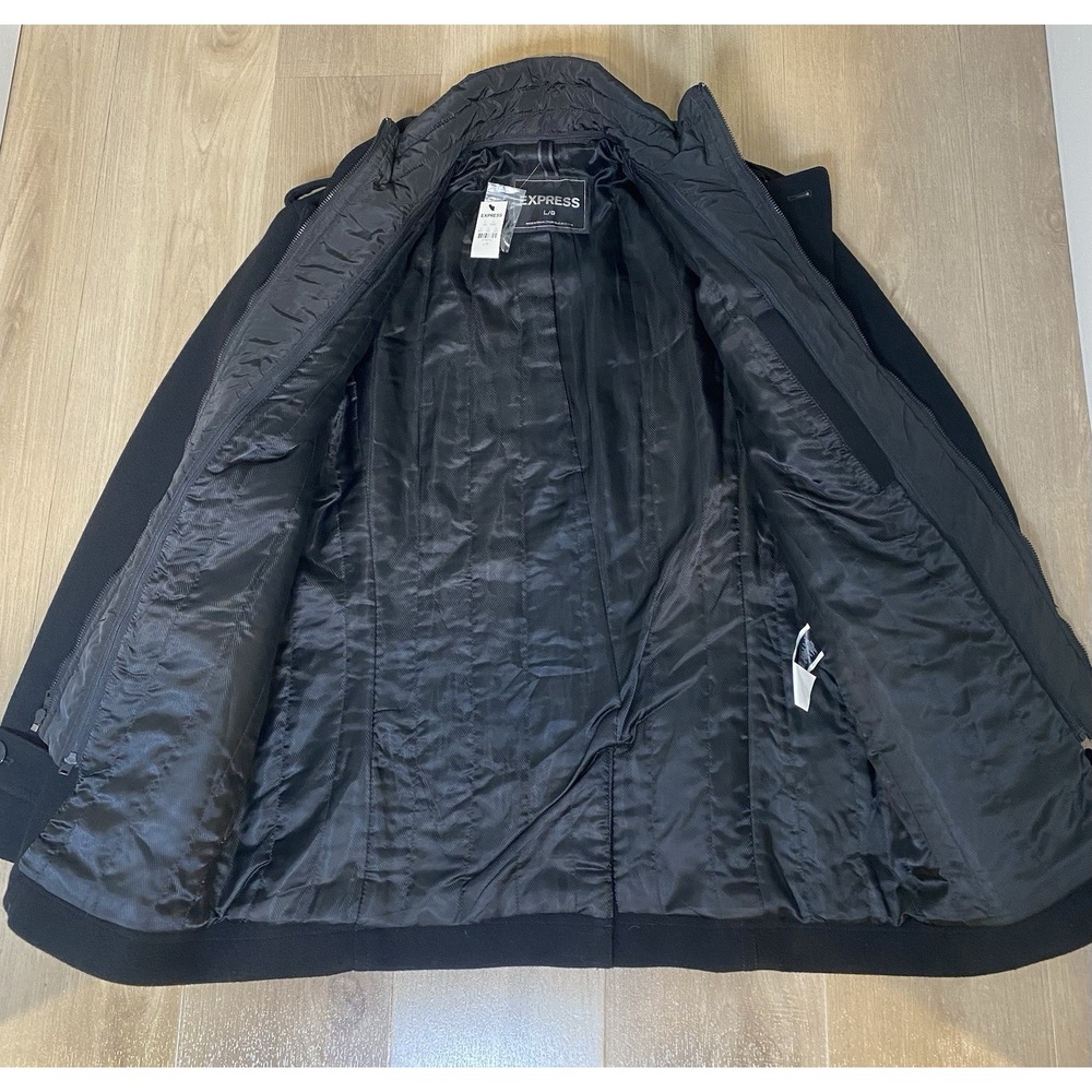 NWT Express‎ Double Breasted Wool Blend Peacoat Black Lined Preppy Coat Men L - Picture 3 of 10